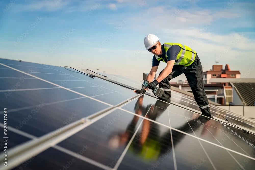 Technicien sur une grande installation de panneaux solaires